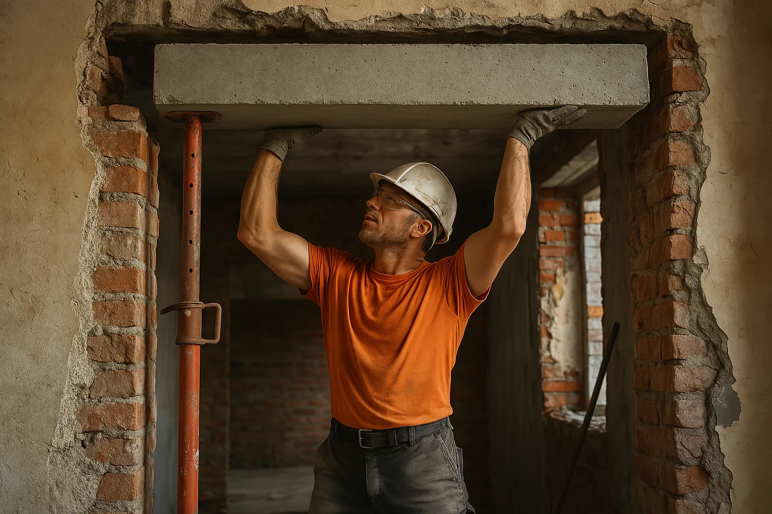 Munkás áthidaló gerenda beépítés közben téglafalba, védősisakban