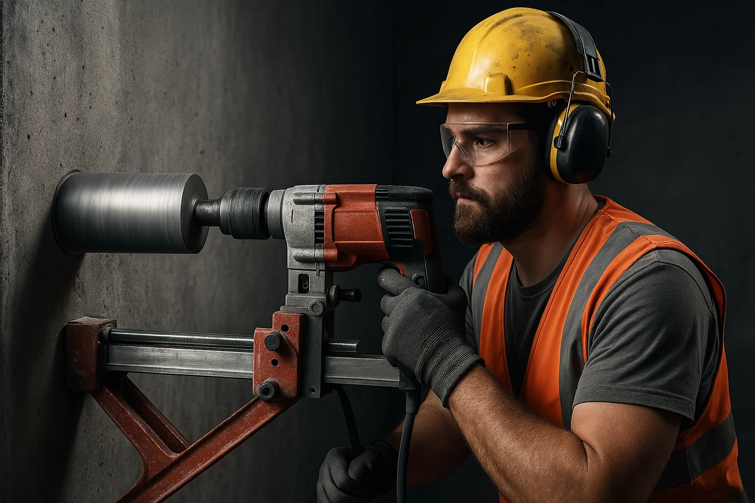 Betonfúrás profi géppel vasalt betonfalba, védőfelszerelésben dolgozó szakember