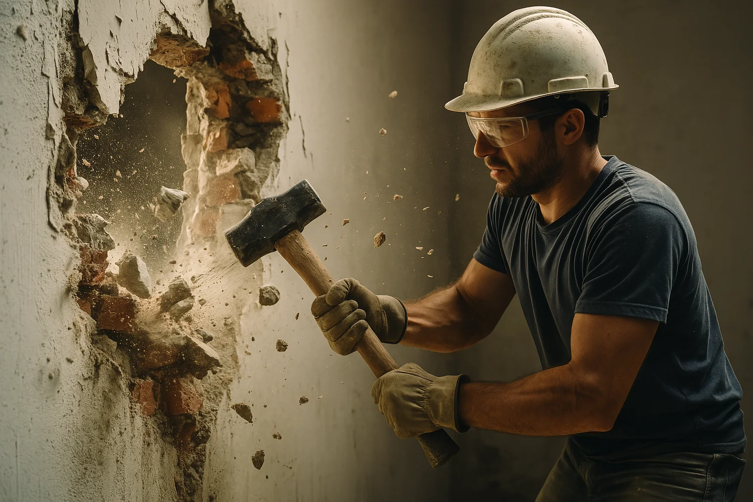 Szakember bontási munkát végez kézi kalapáccsal egy belső válaszfalon