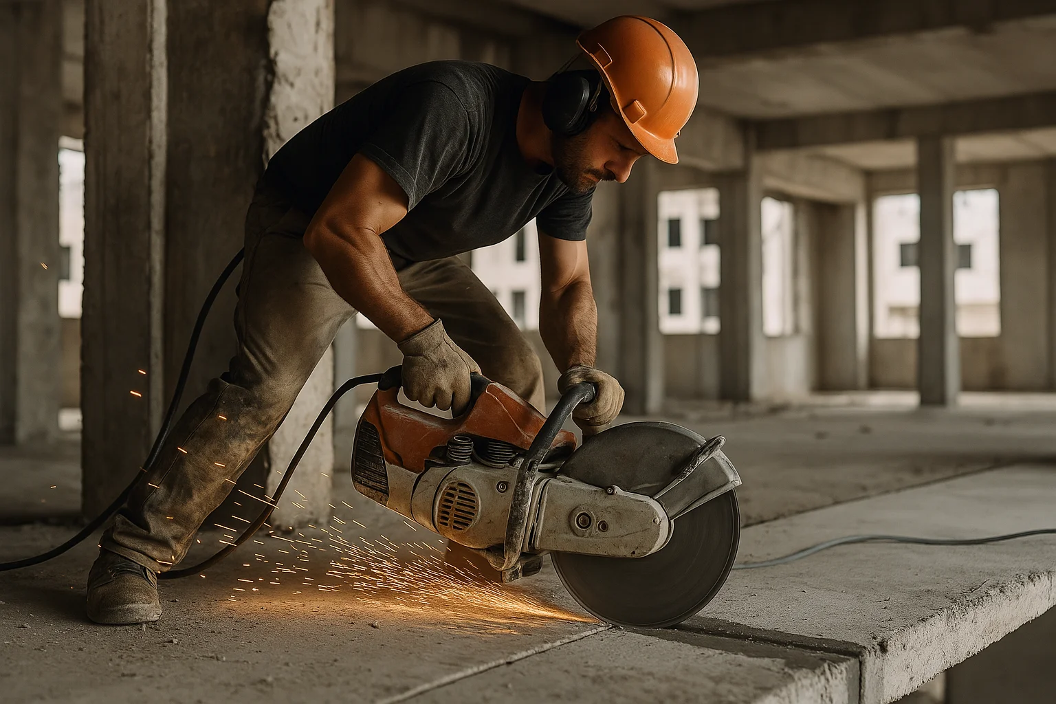 Betonvágás ipari gyémánttárcsás géppel egy szerkezetkész épületben