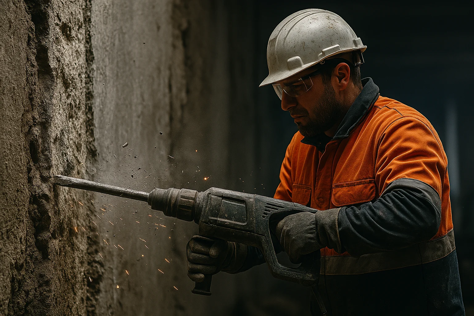 Falvésés vésőgéppel, munkavédelmi ruhában dolgozó szakemberrel
